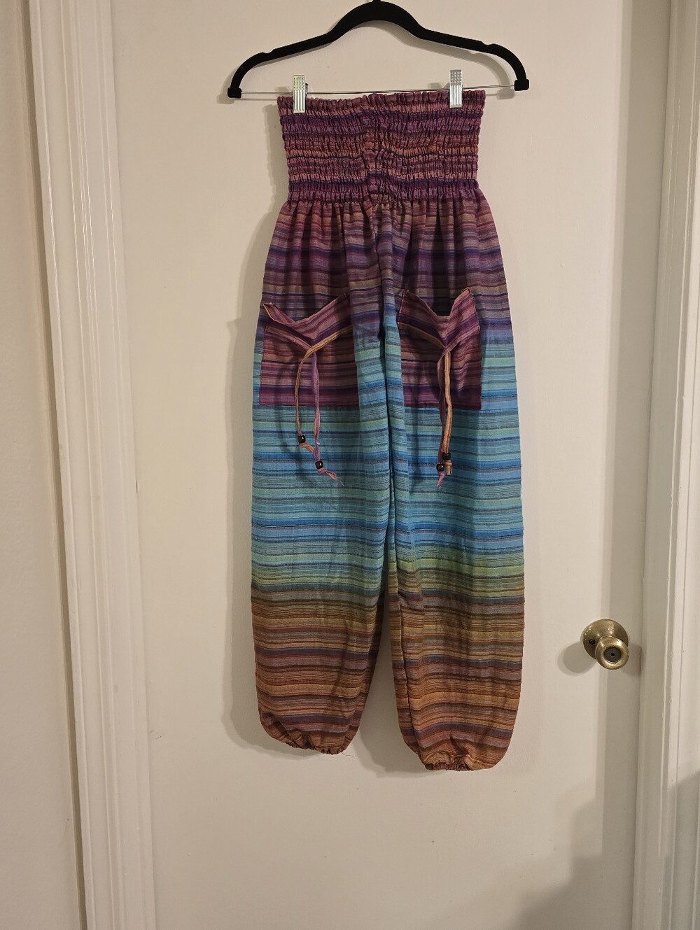 Striped Multicolor Smocked Waist Harem Pants Sz S, 100% Cotton, New